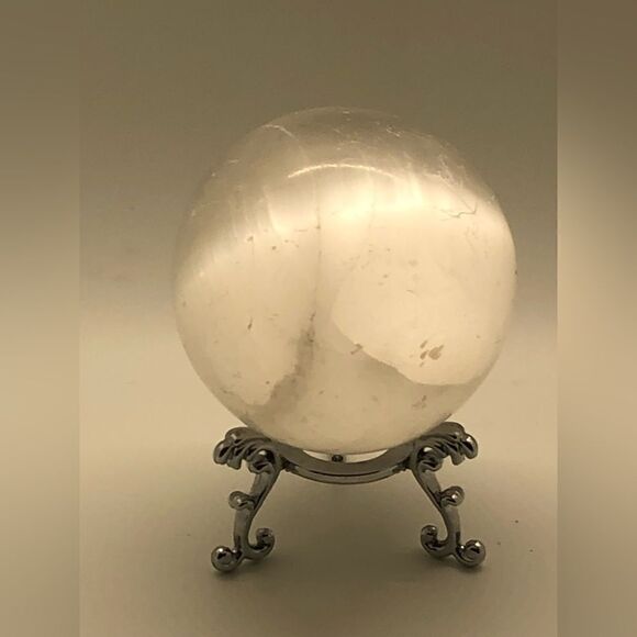 Crystal Selenite Ball, Polished Quartz Sphere on tripod stand - Picture 12 of 16